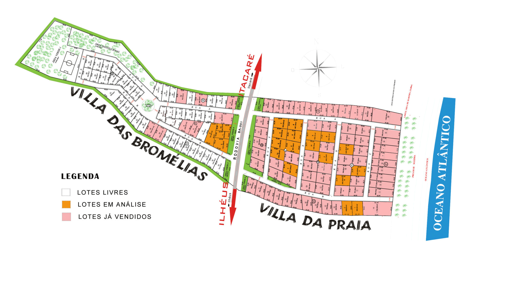 Planta do empreendimento com quadras, ruas, áreas verdes preservadas.